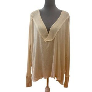 Free People Cream Ribbed Long Sleeve Top